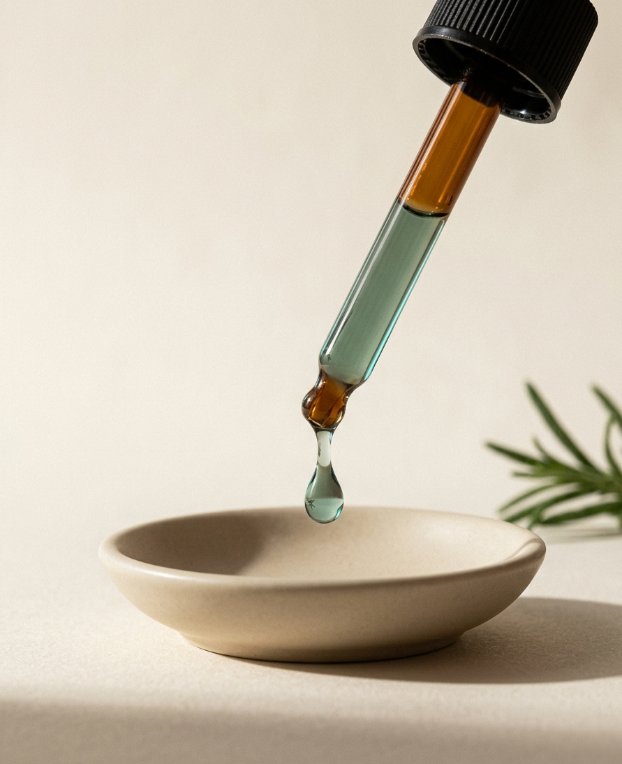 Dropper releasing a sea-glass green drop