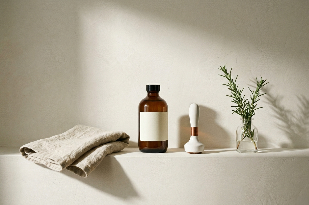 Bathroom shelf with bottle